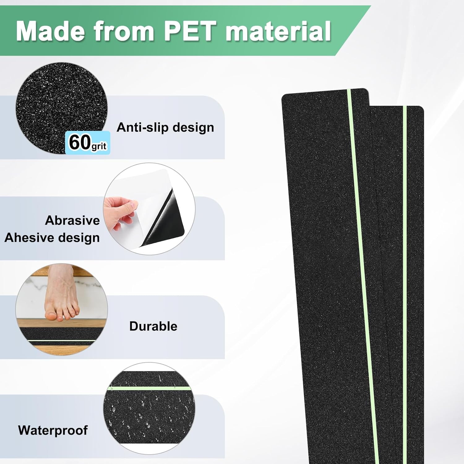 10-Pack Anti Slip Traction Tape 30" x 6" Best Grip Tape Grit with 6mm/0.24" Glow in Dark Stripe High Traction Friction Abrasive Adhesive for Indoor/Outdoor Stairs[Black+Green]