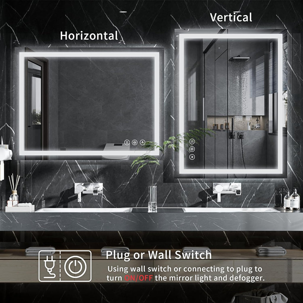 30"x36" LED Bathroom Mirror with Lights, Dimmable, Anti-Fog, Lighted Bathroom Vanity Mirror for Wall, Backlit + Front Lit, Memory Function, Shatter-Proof, Tempered Glass