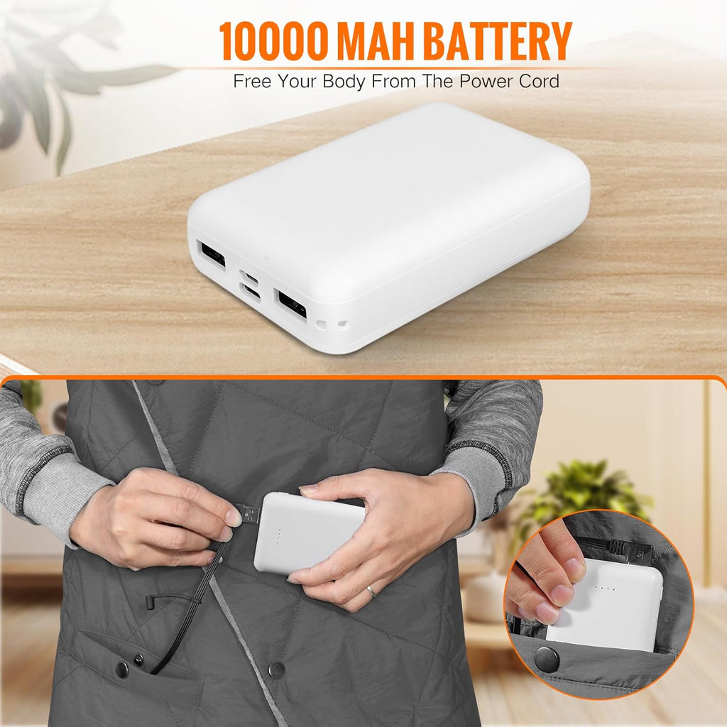 Battery Operated Heated Blanket, Fast Heating Wearable Wireless Heated Shawl Throw, Water-Resistant Cordless Electric Blanket with Power Bank for Camping, Outdoor, Stadium, Winter Warm Gift(Grey)