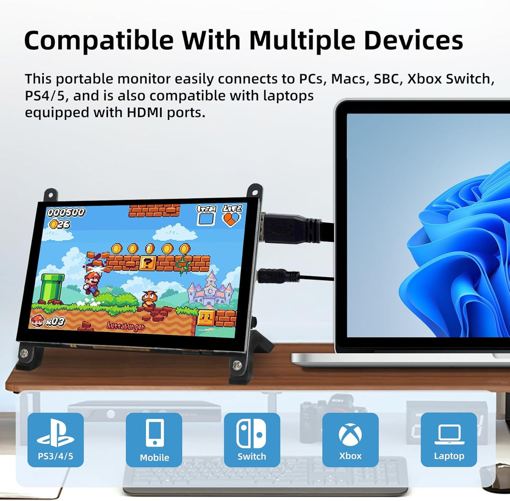 5 Inch LCD Touch Screen, 1024x600 IPS Display with Stand, HDMI Portable Monitor for Raspberry Pi 5/4B/3B+/3B/B+/Zero/400, BB Black, Windows 10 8 7, Free Driver