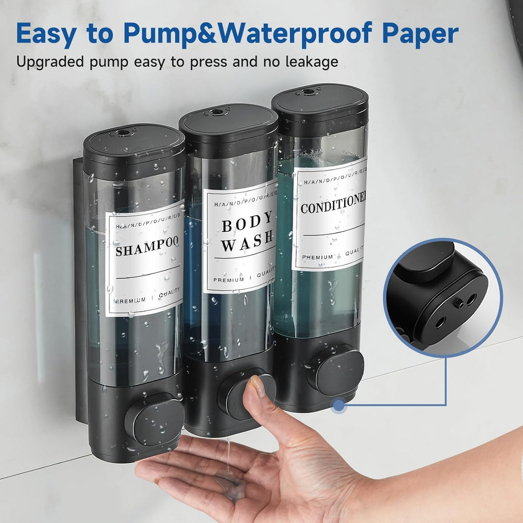 Shampoo and Conditioner Dispenser,Shower Soap Dispenser 3 Chamber No Drill Wall-Mounted Shampoo Dispenser for Shower Wall Mounted Shower Dispenser for Bathroom Hotel Large Capacity,Black