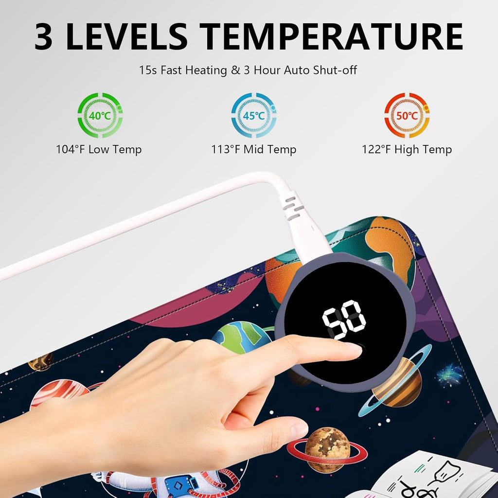 Heated Mouse Pad with 3 Levels Heated & 3 Hours Auto Shut-Off Mouse Pad for Warming Hands in Office Home, 31.5" x 13"Large Safe Desk Mat Hand Warmer，Cute Astronaut