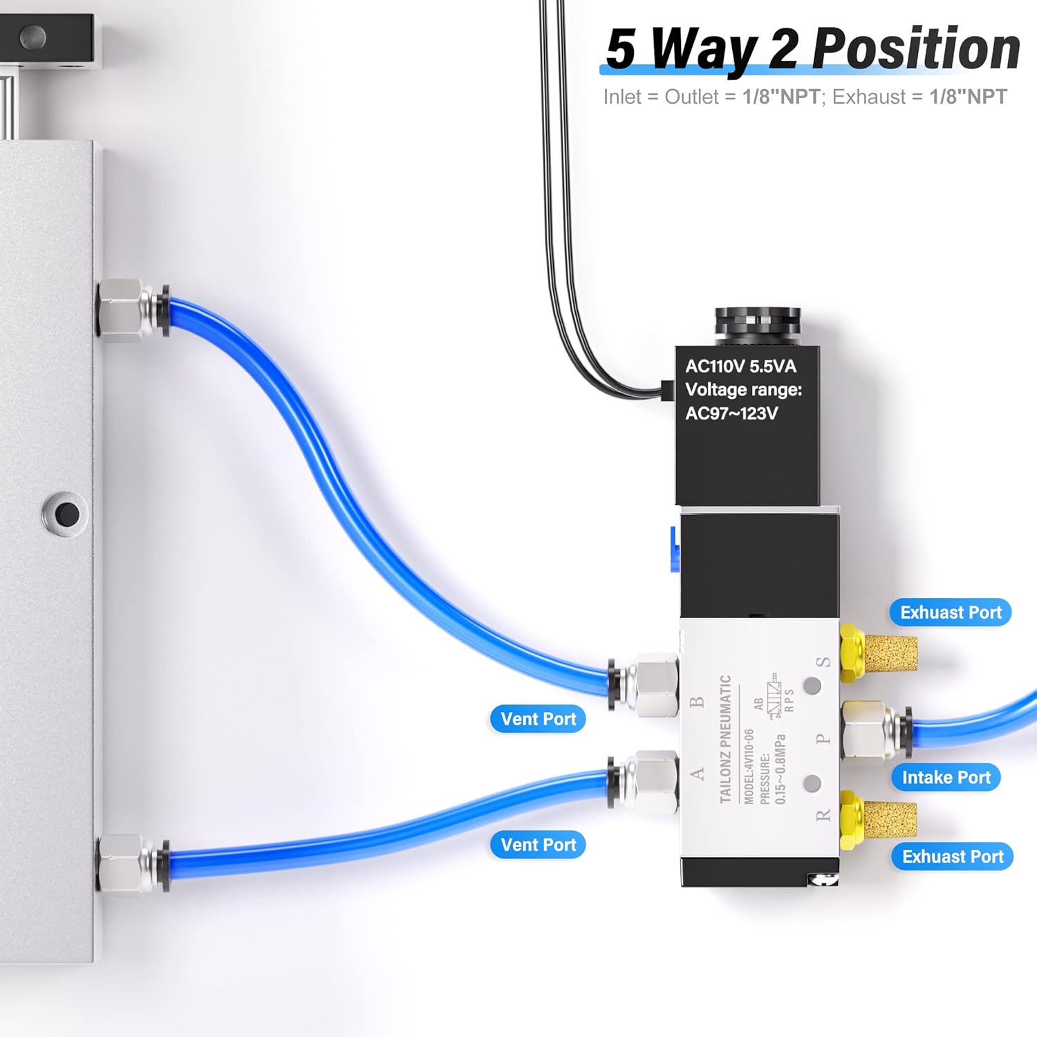 TAILONZ PNEUMATIC 1/8"NPT Solenoid Valve 4V110-06 AC110V Single Coil Pilot-Operated Electric 2 Position 5 Way Connection Type Outlet wire