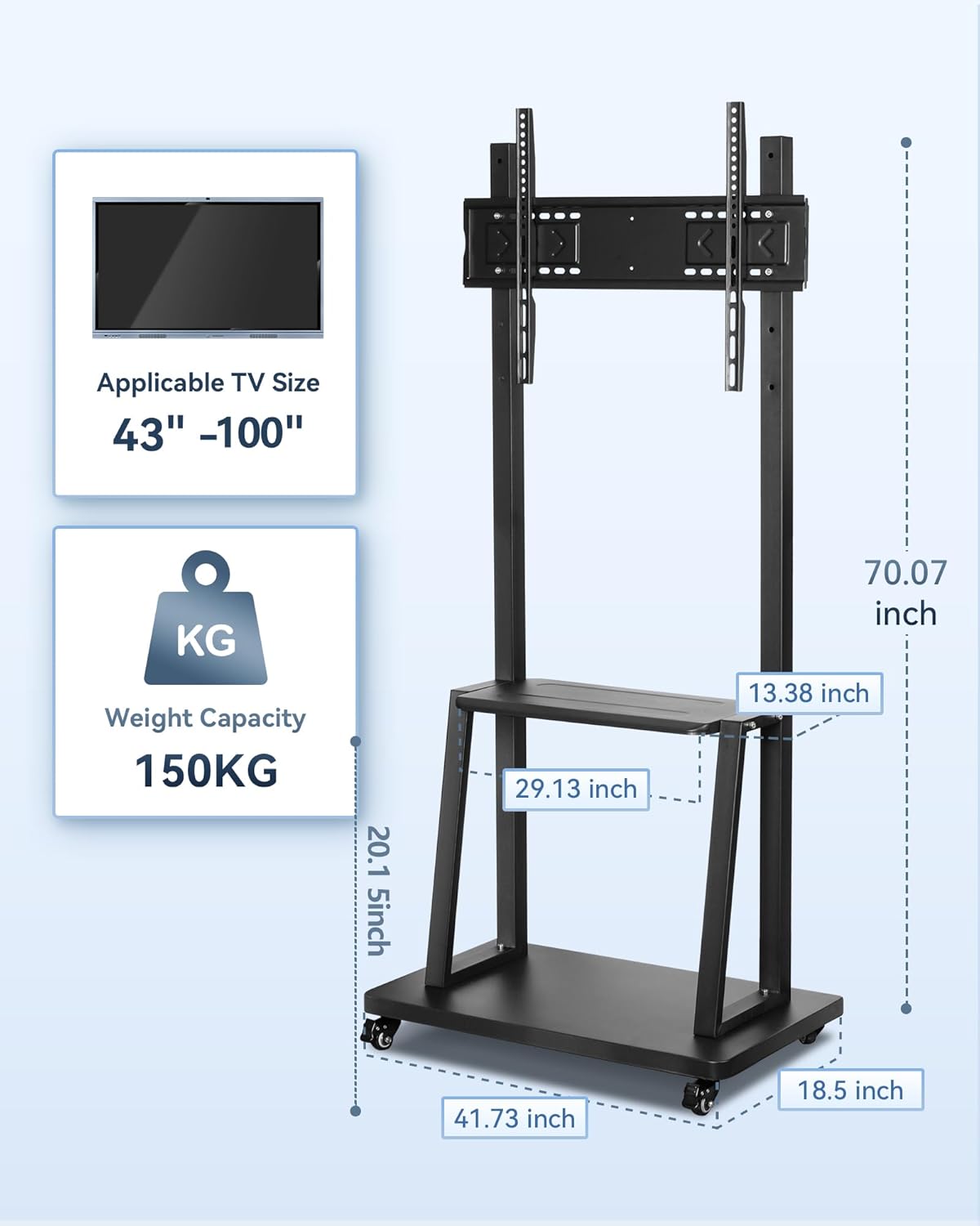 Smart Board Stand with Wheels,Height Adjustable Mobile Rolling Stand for Classroom & Office, Holds up to 300lbs, Whiteboard Portable Cart on Wheels (for 49-100 Inch Smart Board)
