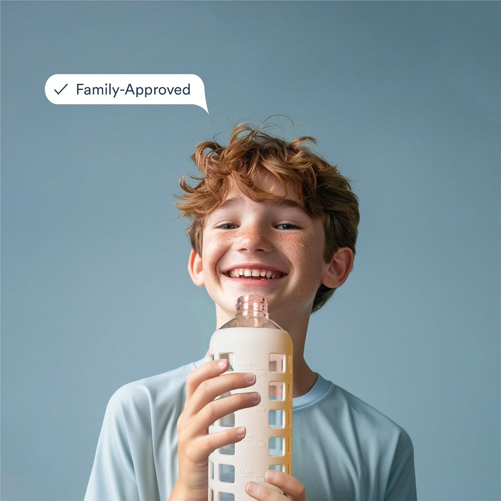 purifyou 40oz / 32oz / 22oz / 12oz Borosilicate Glass Water Bottle with Time & Volume Markers, Silicone Sleeve, Stainless Steel Lid | Reusable Glass Bottle for Water & Juice (32oz Pearled Ivory)