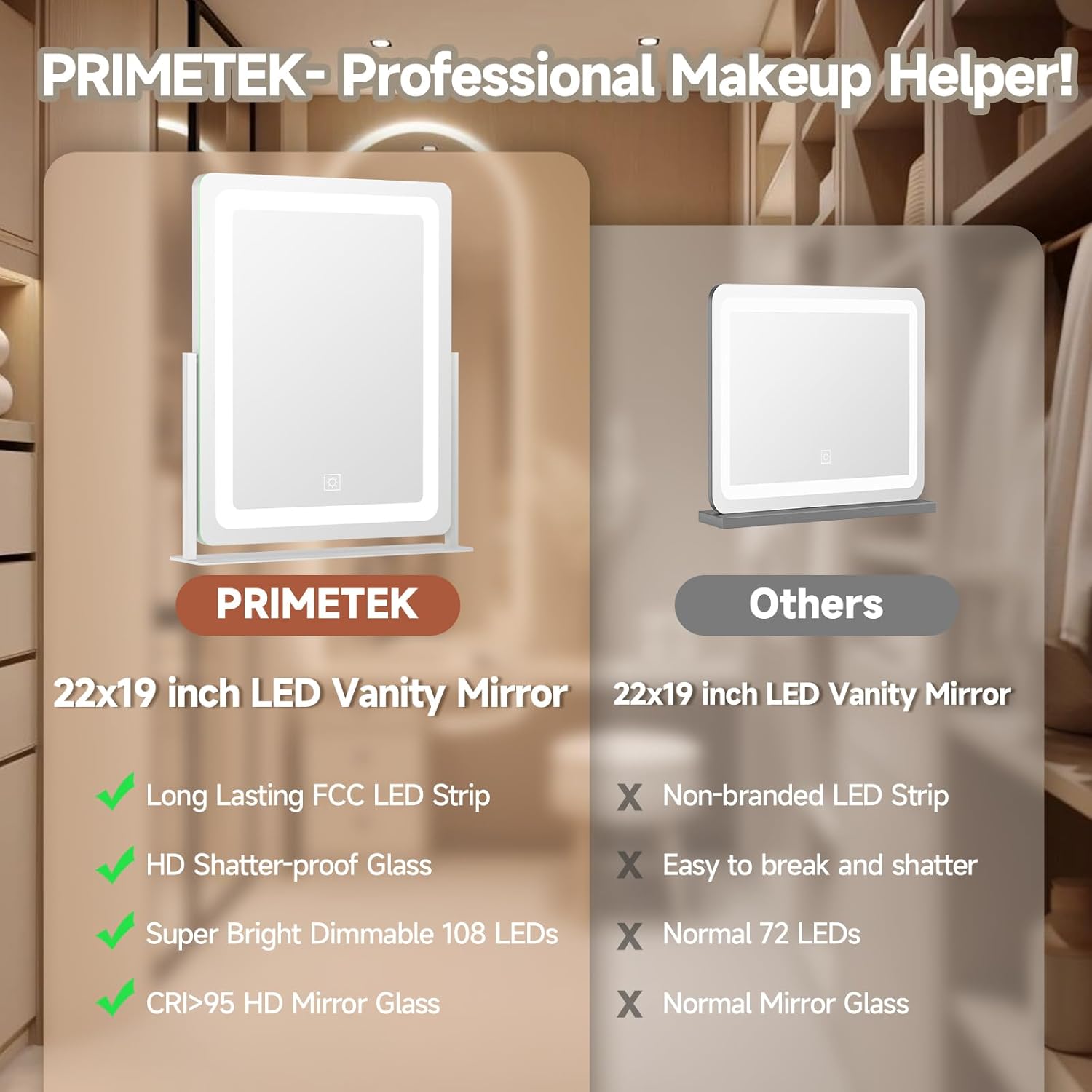 PRIMETEK Vanity Mirror with Lights, 19"x22" Large Makeup Mirror with Lights, LED Lighted Makeup Mirror, Touch Screen with 3-Color Lighting, Dimmable for Vanity Desk Tabletop, Bedroom, White
