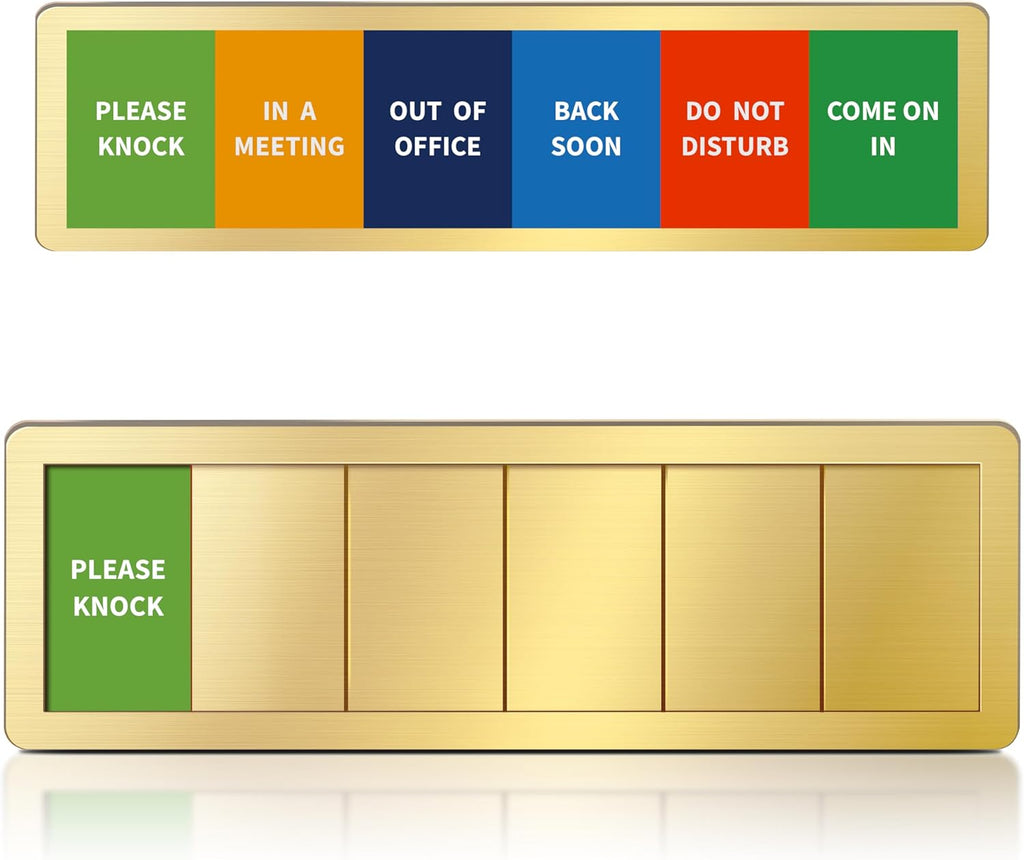 Office Door Signs -6 Options Do Not Disturb, In A Meeting, Out Of Office, Come In, Back Soon, Please Knock,Privacy Door Slider Sign for Meeting & Conference Room Brushed Gold