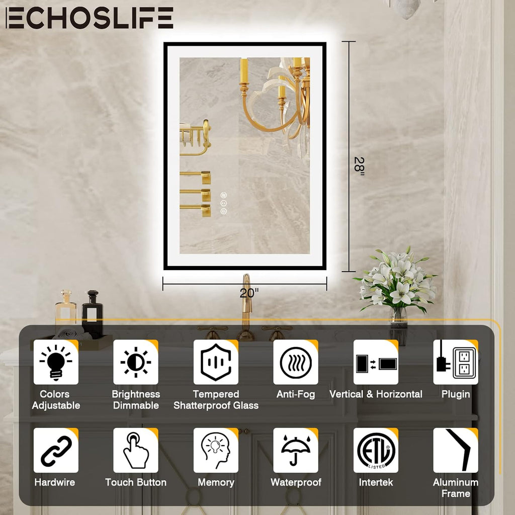 20x28 LED Bathroom Mirrors for Wall -Black Aluminum Framed (Front and Backlit), Anti-Fog Vanity Mirror With Lights,Stepless Dimmable Lighted Mirror,3 Colors Smart Mirror(Horizontal/Vertical)