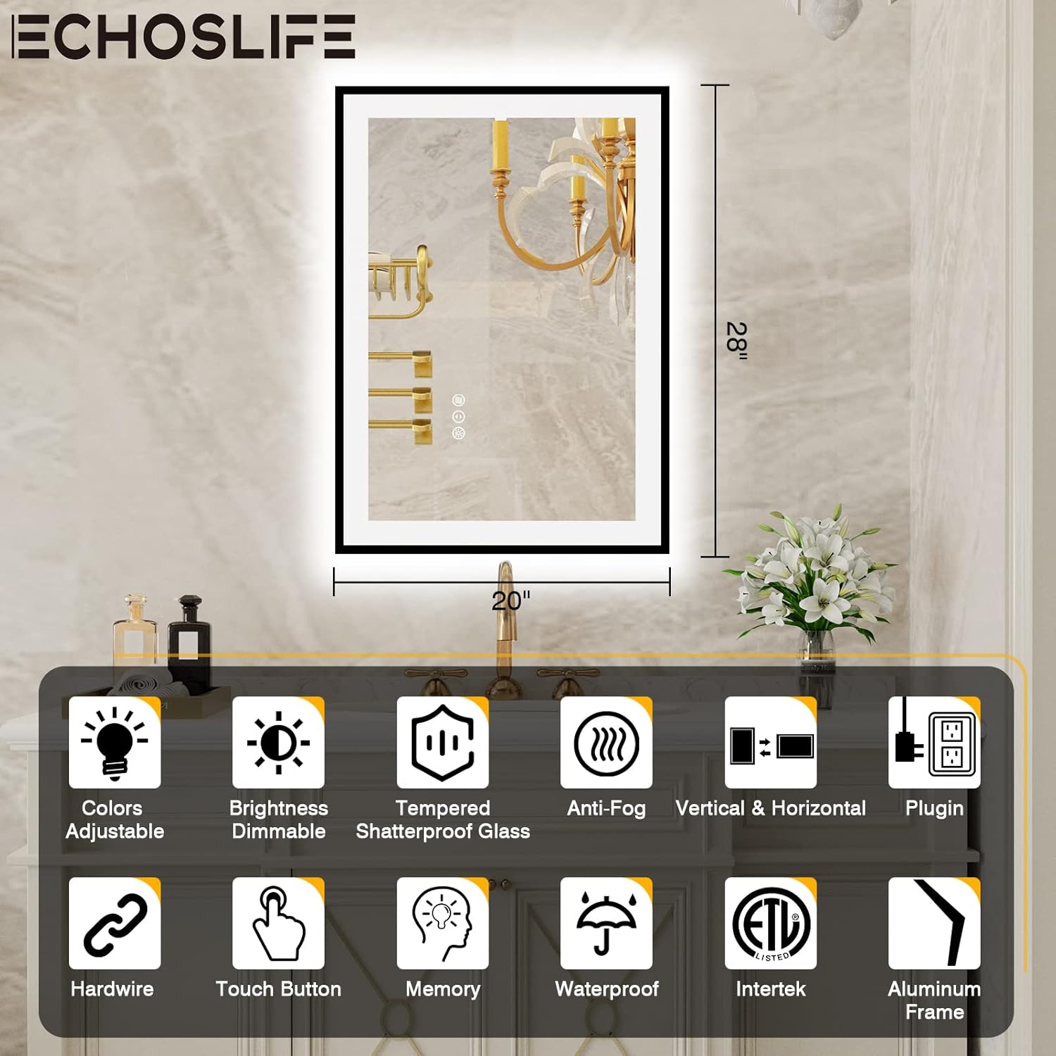 20x28 LED Bathroom Mirrors for Wall -Black Aluminum Framed (Front and Backlit), Anti-Fog Vanity Mirror With Lights,Stepless Dimmable Lighted Mirror,3 Colors Smart Mirror(Horizontal/Vertical)