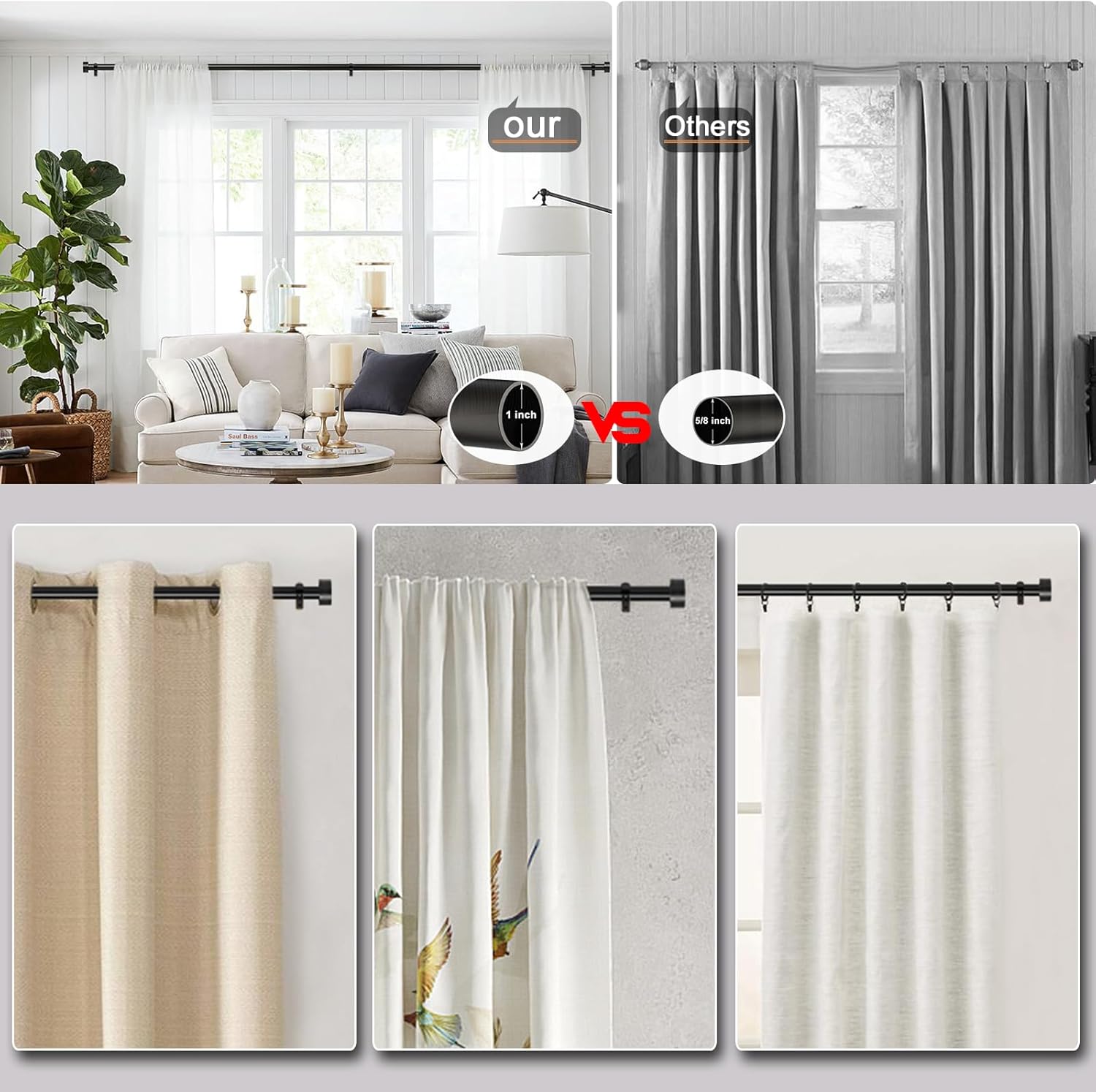 Black Curtain Rod for Windows 18 to 144 Inches, 1 Inch Adjustable Drapery Pole, Heavy Duty Outdoor/Indoor Modern Curtain Rods, Easy Installation(Black 18"-144")