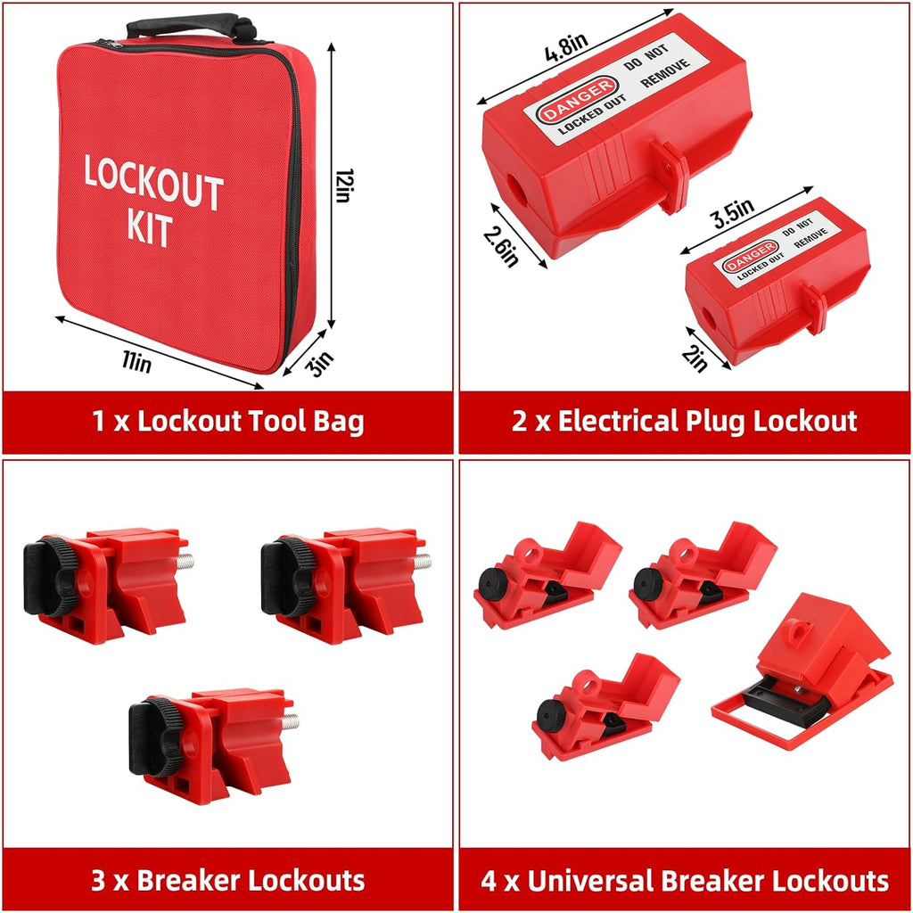 Lockout Tagout Kit Electrical Loto 33Pcs - Safety Padlocks Clamp-On Circuit Breaker Lockout, Group Lockout Hasps, Lockout Tag, Universal Multi- Pole Breaker and Red Carrying Bag