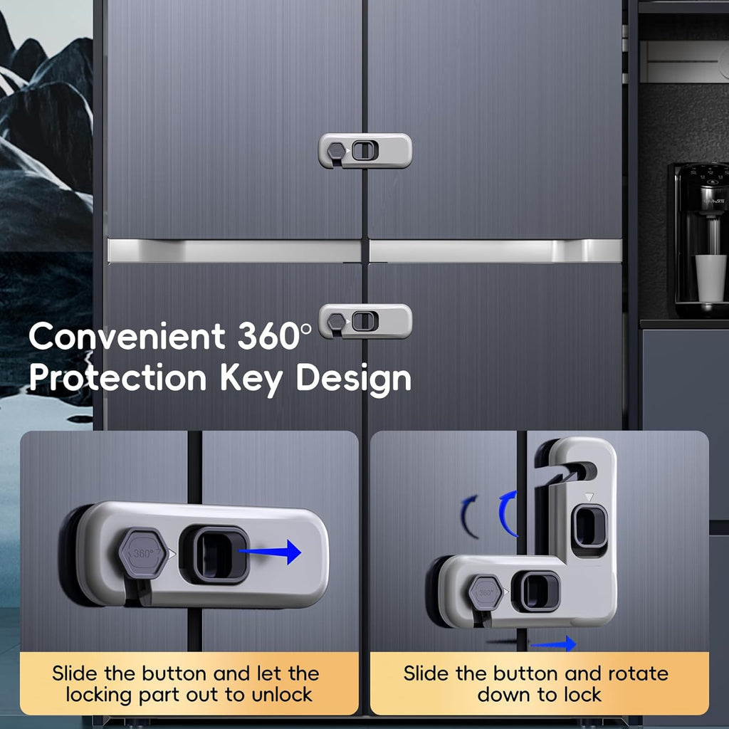 2-Pack Fridge Locks, Child Proof Refrigerator/Freezer Door Lock, Child Safety Cabinet Lock with Adhesive Pads - Freezer Latch to Keep Door Closed for Latches,Drawer,Closets,Oven (Grey)