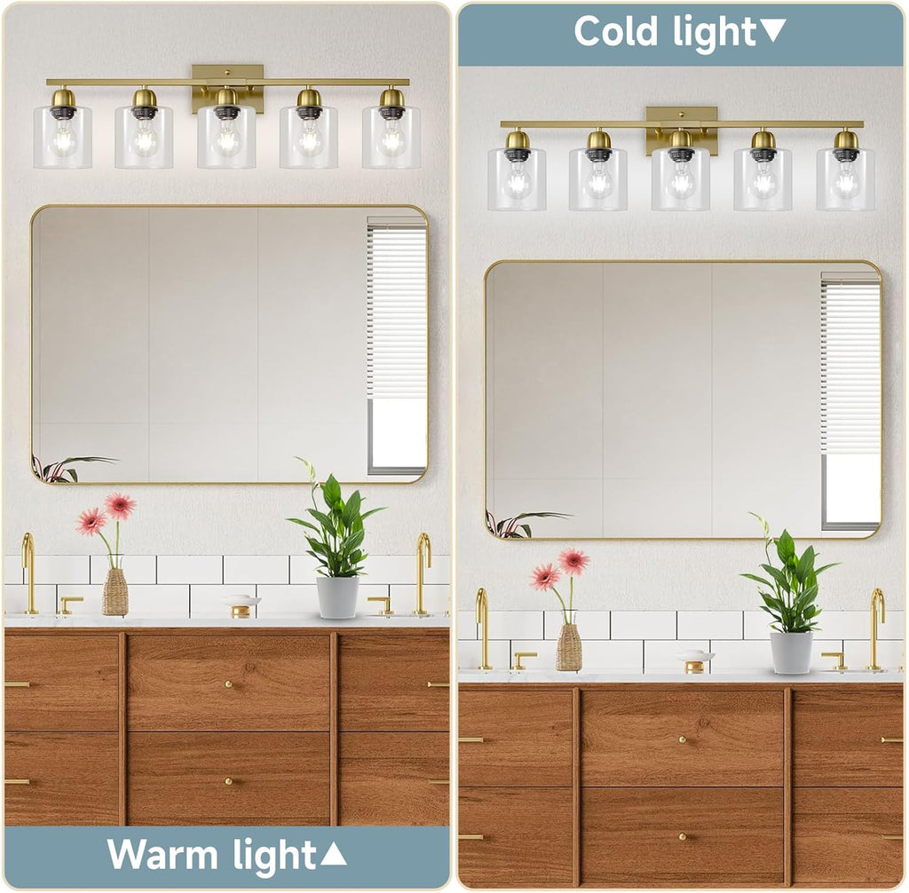 Modern Brushed Gold 5 Light Bathroom Vanity Light,31 inch Vanity Lights for Bathroom with Clear Glass for Mirror Kitchen Living Room Hallway Cabinet Porch