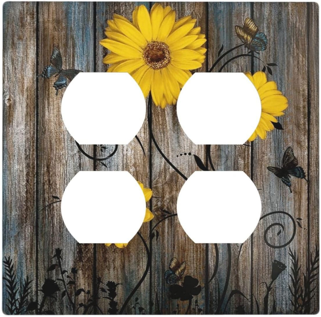 Rustic Barn Sunflower Wooden Daisy Flower Plank Outlet Covers 2 Gang Double Duplex Decorative Light Switch Covers Electrical Wallplates Socket Faceplate for Farmhouse Home Decor