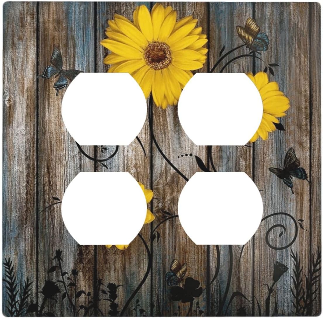 Rustic Barn Sunflower Wooden Daisy Flower Plank Outlet Covers 2 Gang Double Duplex Decorative Light Switch Covers Electrical Wallplates Socket Faceplate for Farmhouse Home Decor