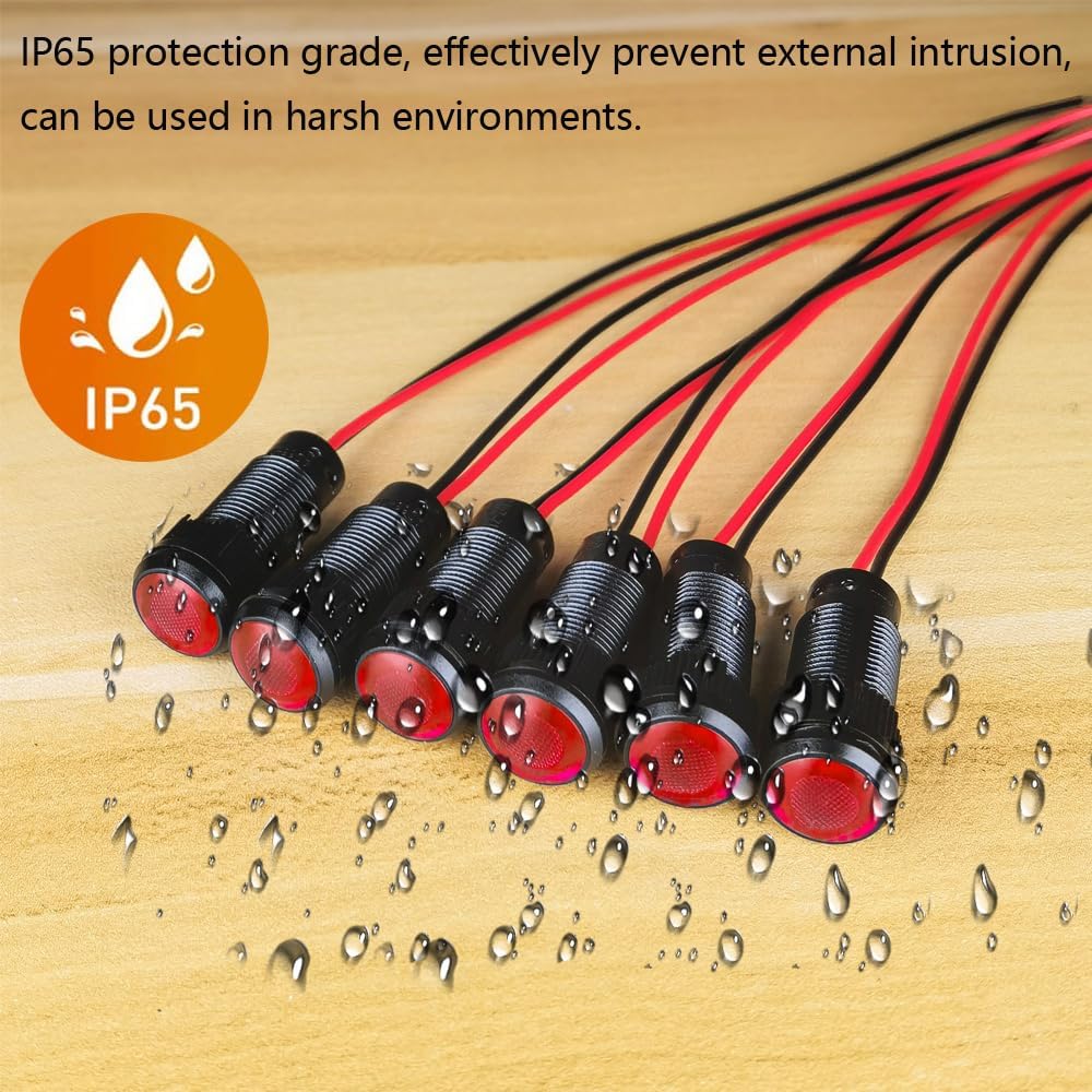 6pcs Red LED Indicator Pilot Light AC/DC 12-24V Mounting Hole Size 10mm(Flame Retardant Plastic Shell)