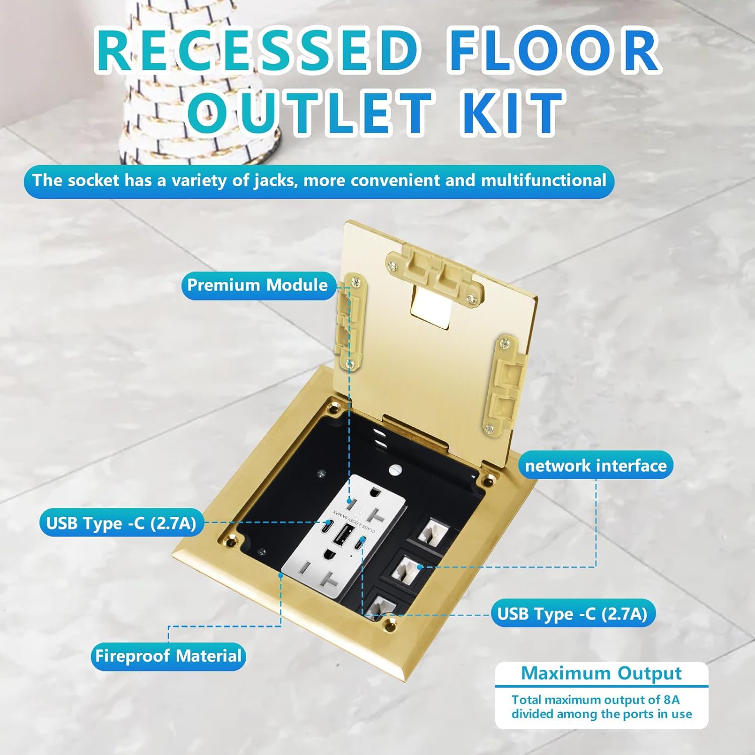 KYHSHJ Recessed Flat Hidden Socket Kit with 2 * 20A Receptacle，8A 1 USB-A Ports &2 USB-C Port+3-Port RJ45 Datacom Receptacle. Internal Height Adjustable，Corrosive Resistant Hardware,Brass