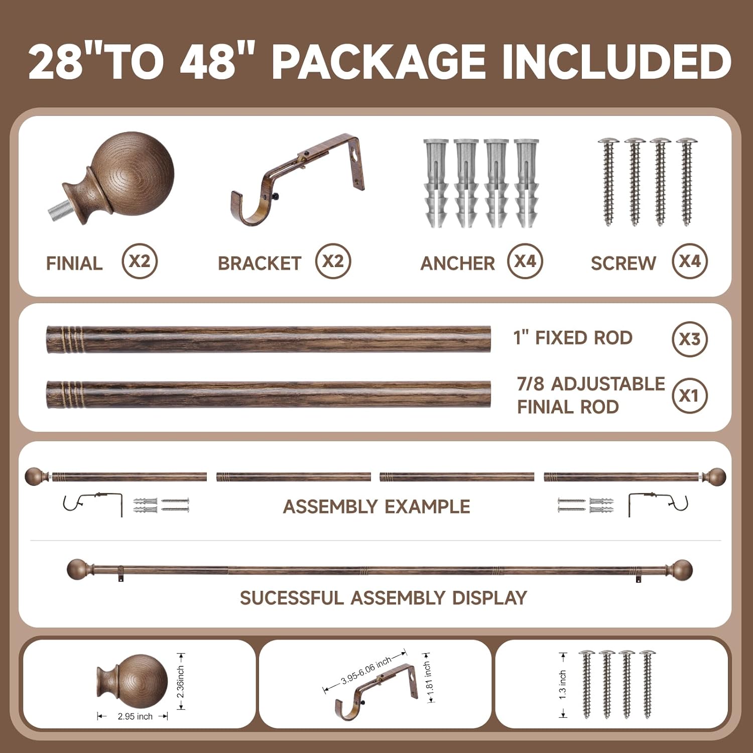BRIOFOX Walnut Wood Curtain Rods for Windows 28 to 48 Inch(2.3-4ft)- 1'' Diameter Heavy Duty Curtain Rods with Imitation Wood Grain Pattern Finials,Adjustable Decorative Curtain Rods Set,28-48''