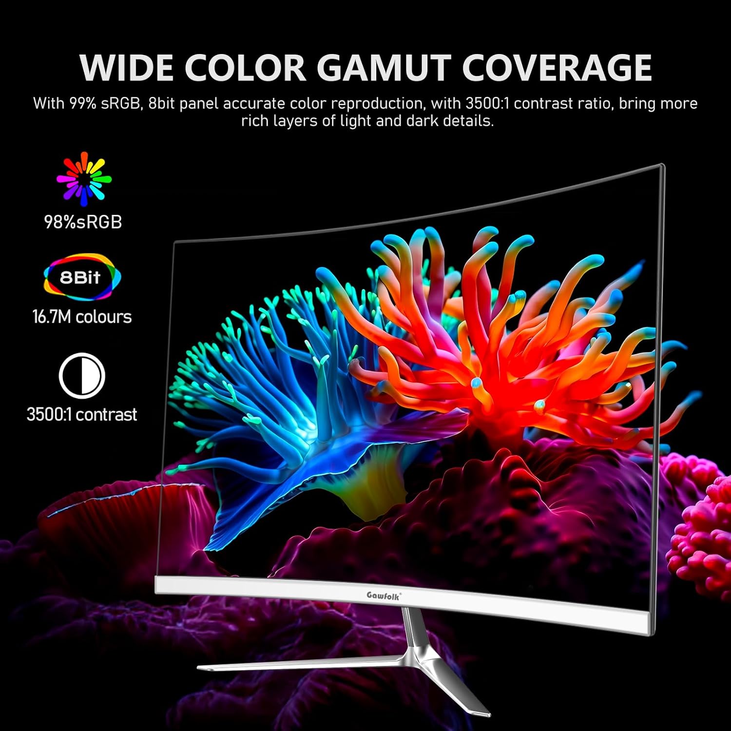Gawfolk 24.5 Inch Gaming Curved Monitor Built-in Speakers, 3000R 120Hz White PC Screen Full HD 1080P, HDMI 2.0, VGA, Wall Mount Compatible 75 * 75mm