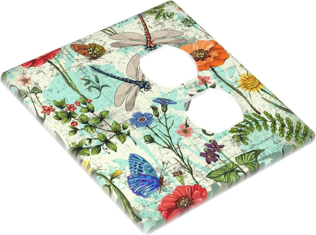 Dragonflies Flowers Butterfly 2 Gang 1 Outlet 1 Blank Outlet Light Switch Cover Decorative Wall Plate Cover For Home Living Bedroom Kitchen Decorative
