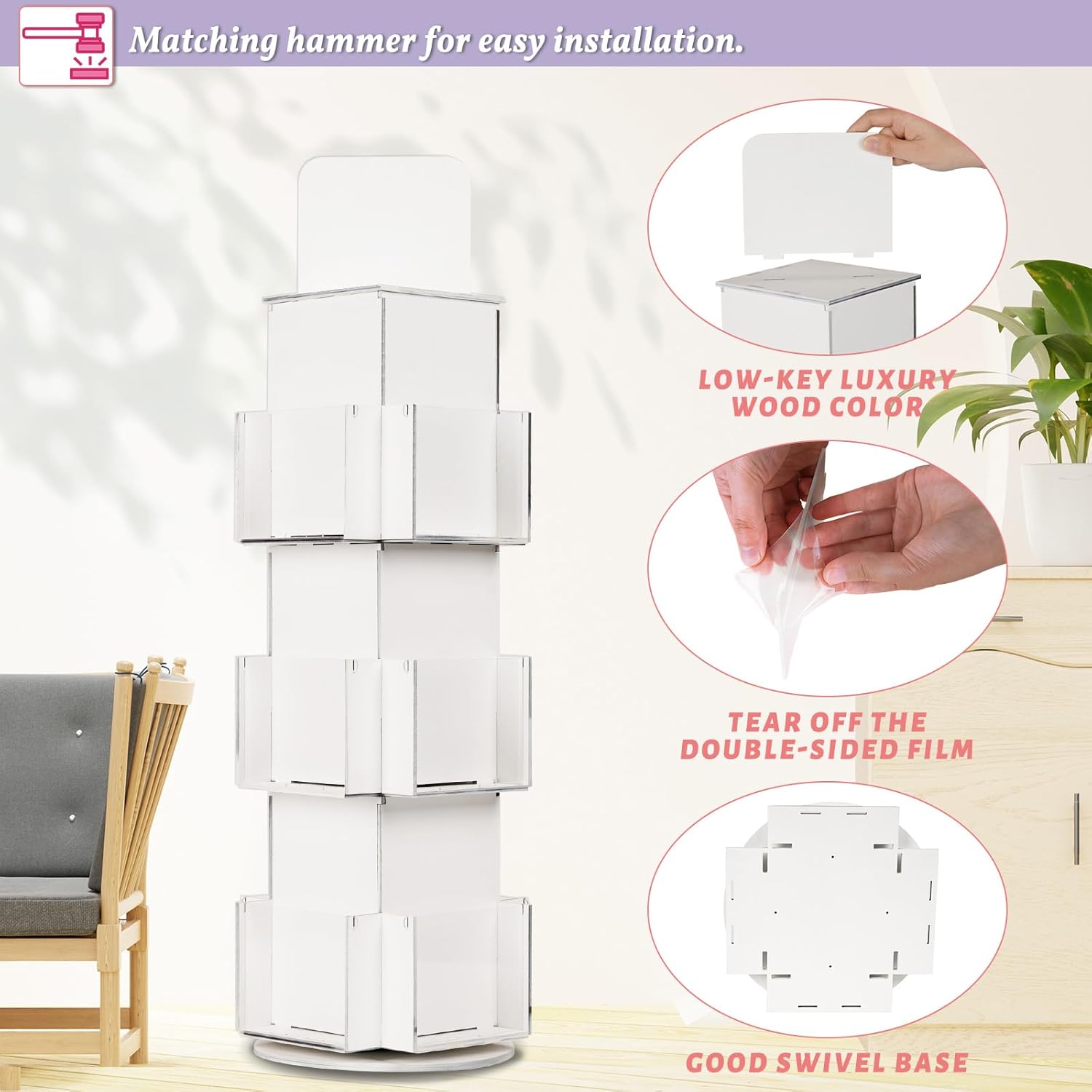Natheeph Rotating Display Stand Greeting Card Display Wooden Display Rack with Two Card Sticker for Greeting Card Vendor Coffee Bag 3 Tier Tabletop Display Stand (White)