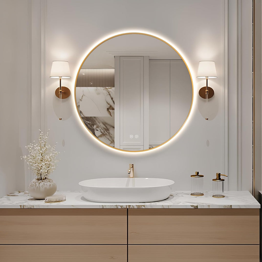 Niccy Round Led Mirror for Bathroom, 28" Backlit Mirror for Wall Circle Lighted Mirror with Gold Frame Anti-Fog, 3 Colors, HD Glass and IP65 Waterproof