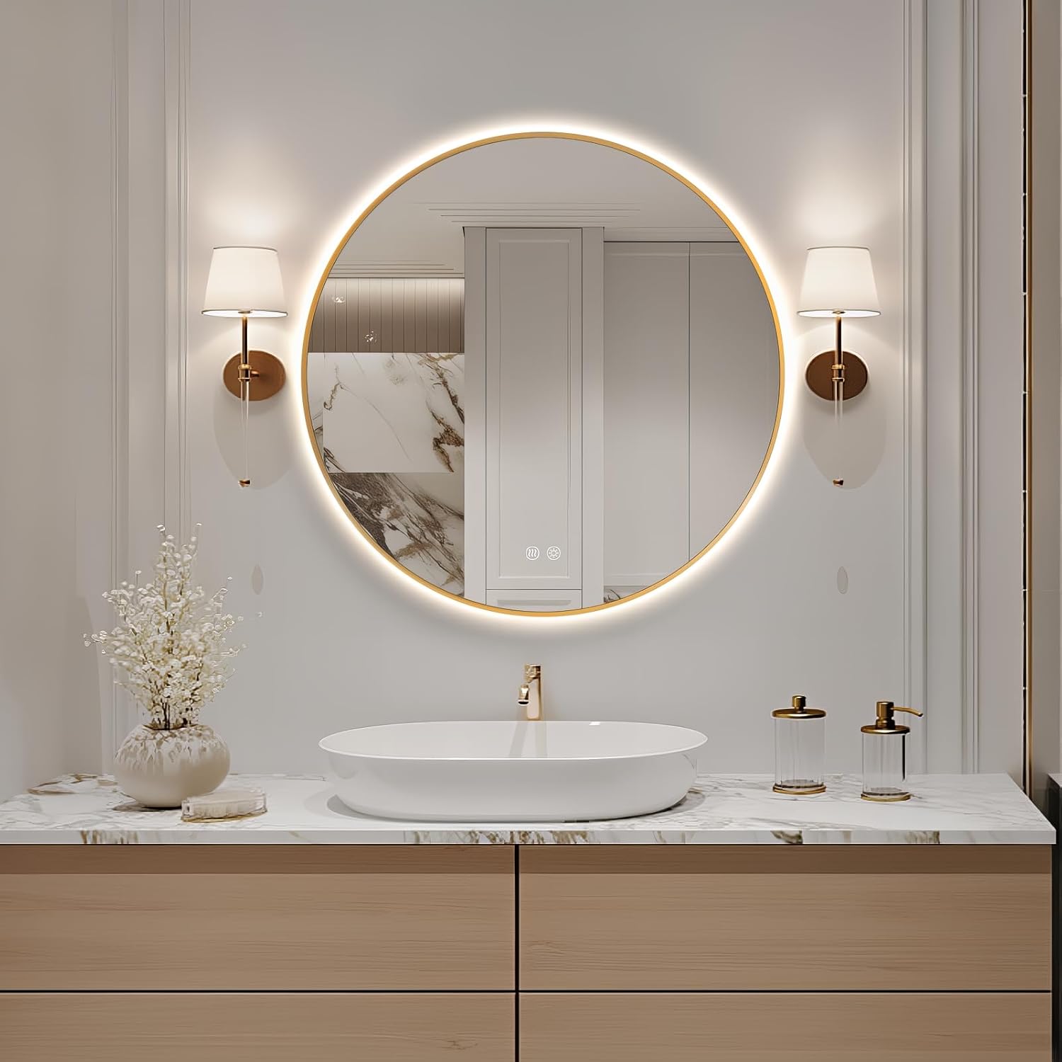 Niccy Round Led Mirror for Bathroom, 28" Backlit Mirror for Wall Circle Lighted Mirror with Gold Frame Anti-Fog, 3 Colors, HD Glass and IP65 Waterproof