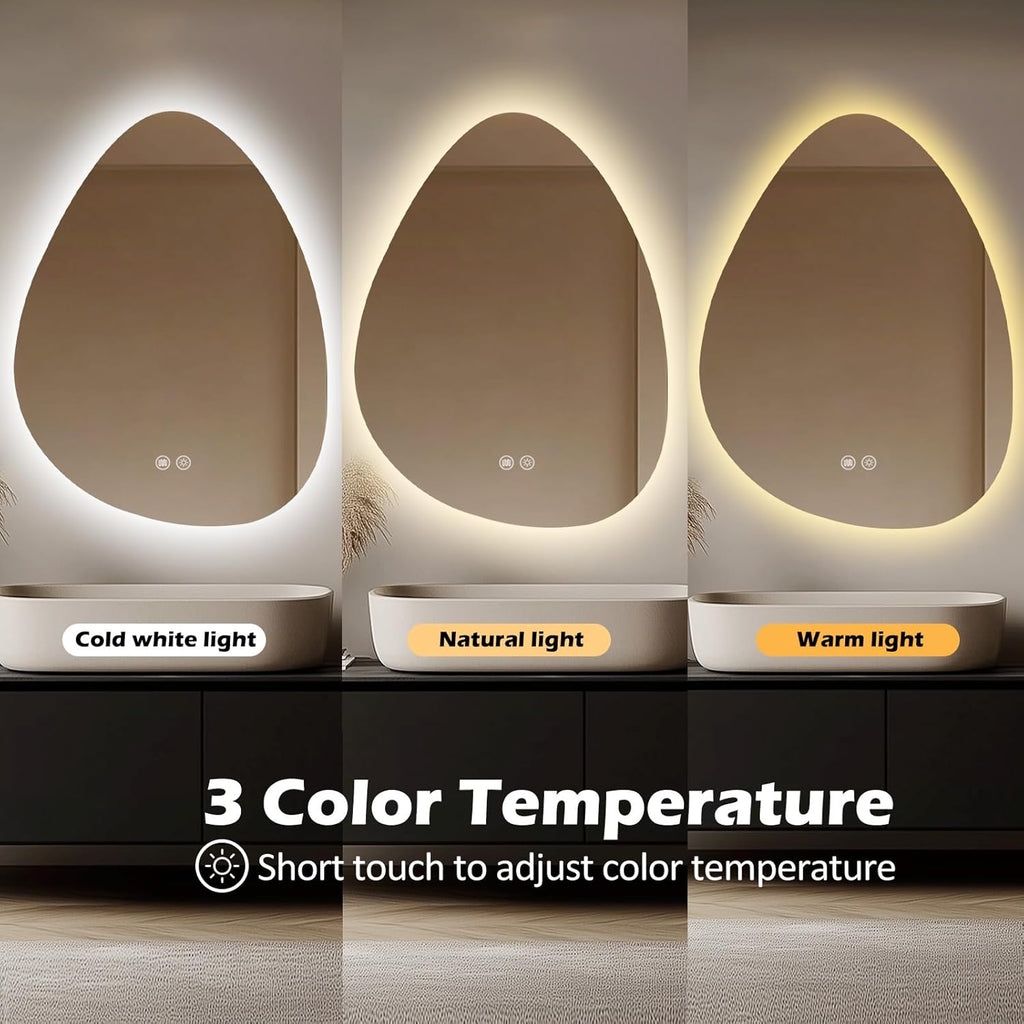 LED Light Bathroom Mirror 24x32, Stepless Dimmable Irregular LED Mirror with 3 Colors, Anti-Fog, Memory, Al-Alloy Lampshade, Frameless Makeup Mirror for Bathroom (Horizontal/Vertical)