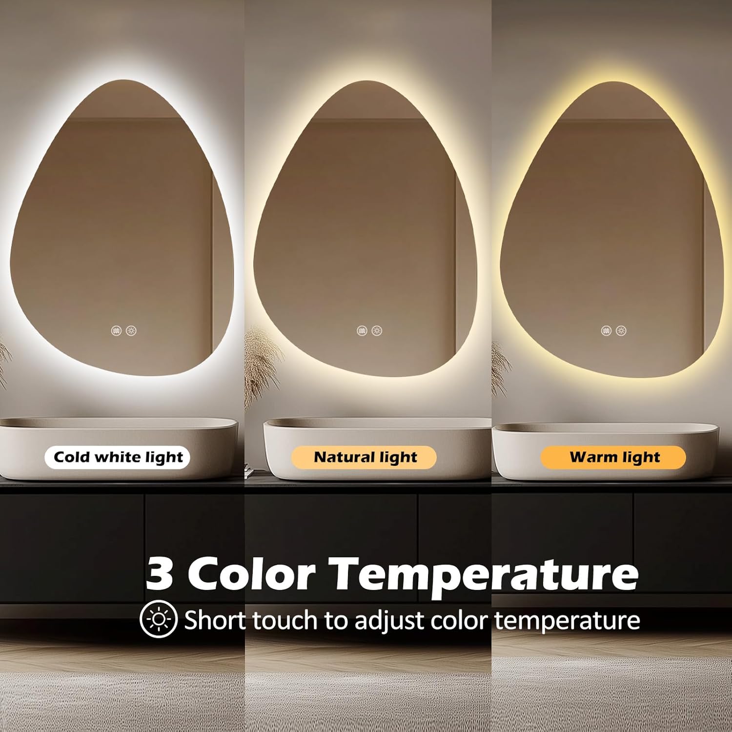 LED Light Bathroom Mirror 24x32, Stepless Dimmable Irregular LED Mirror with 3 Colors, Anti-Fog, Memory, Al-Alloy Lampshade, Frameless Makeup Mirror for Bathroom (Horizontal/Vertical)
