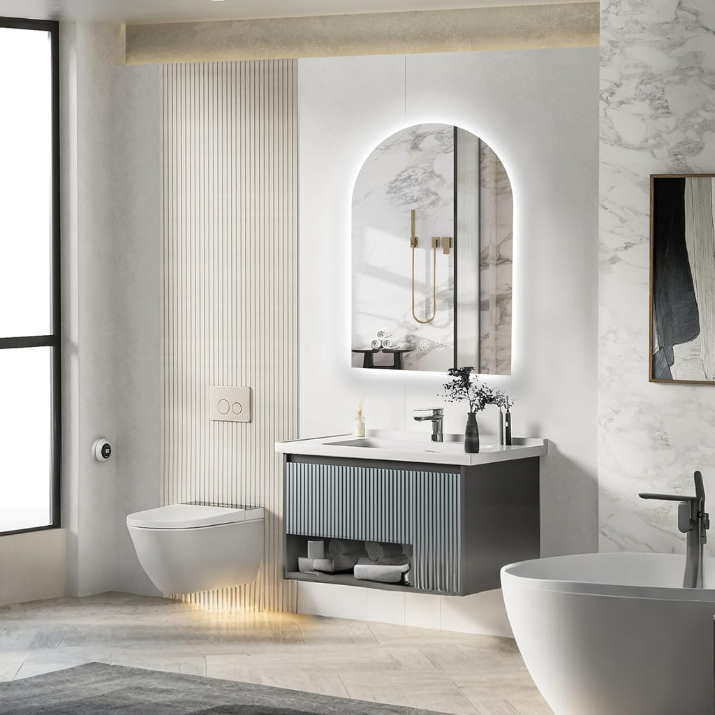 Niccy Arched LED Bathroom Mirror, 32x20 Inch Arch Frameless Backlit Mirrors for Wall Arched Lighted Vanity Mirrors Defogger and 3 Color, Explosion-Proof, HD Glass and IP65 Waterproof