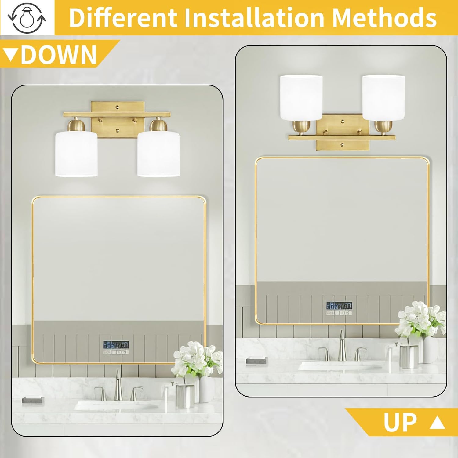 2 Light Bathroom Vanity, Bathroom Lights Over Mirror with Milky White Frosted Glass Shades, Gold Vanity Light for Mirror Living Room Bedroom Hallway E26 Base