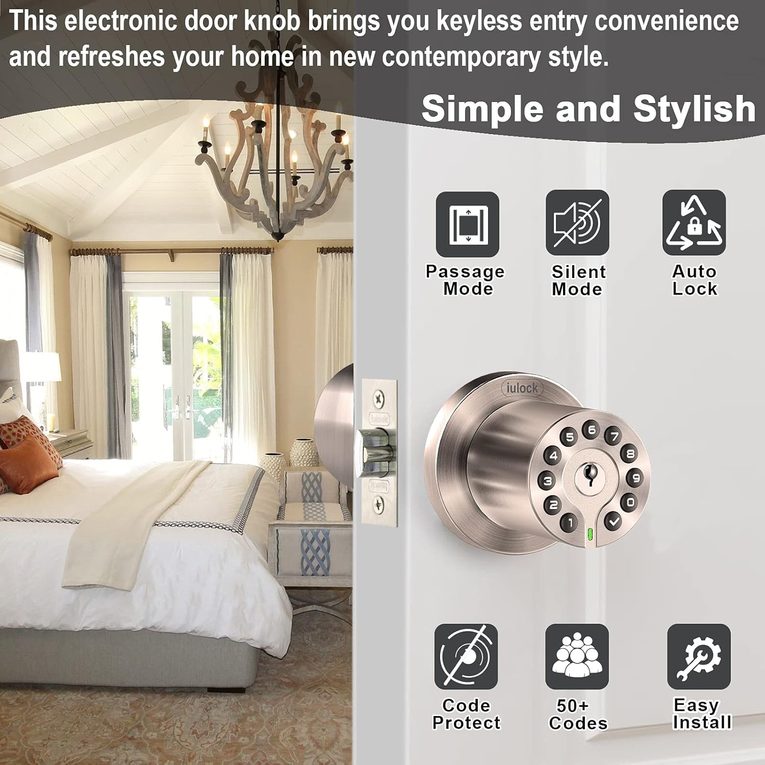 IU-20 Code Door Lock, Electronic Door Knob with Keypad and Key, Auto Lock, Waterproof, Passage Function, Long Battery Life,50 Codes, Easy to use and Install for Office/Warehouse/Bedroom/Garage