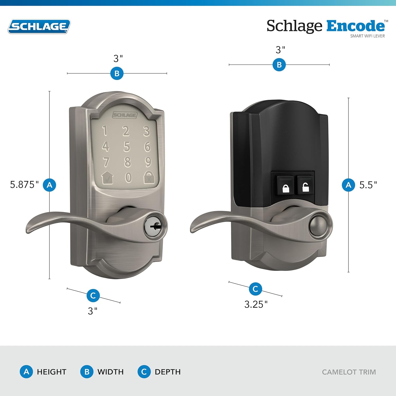 Schlage FE789WB CAM 619 Acc Encode WiFi Accent Lever Smart Lock, Keyless Entry Touchscreen Door Lock with Camelot Trim, Satin Nickel