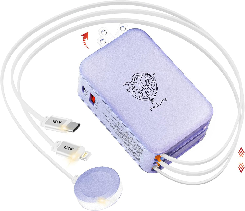 Retractable Apple Watch Charger, 5 in 1 Travel Charging Station for Apple Devices, Retractable Chargers for Multiple Devices with Multi Charging Cable, Charger Block for Apple Gear (Purple)