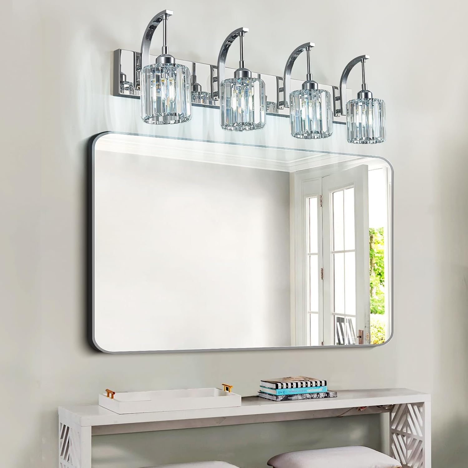 4-Light Crystal Vanity Light, Modern Chrome Bathroom Wall Sconce with K9 Crystal Shades, 32.67" Long Over Mirror Lighting for Vanity, Makeup, Hallway, Elegant & Easy Install