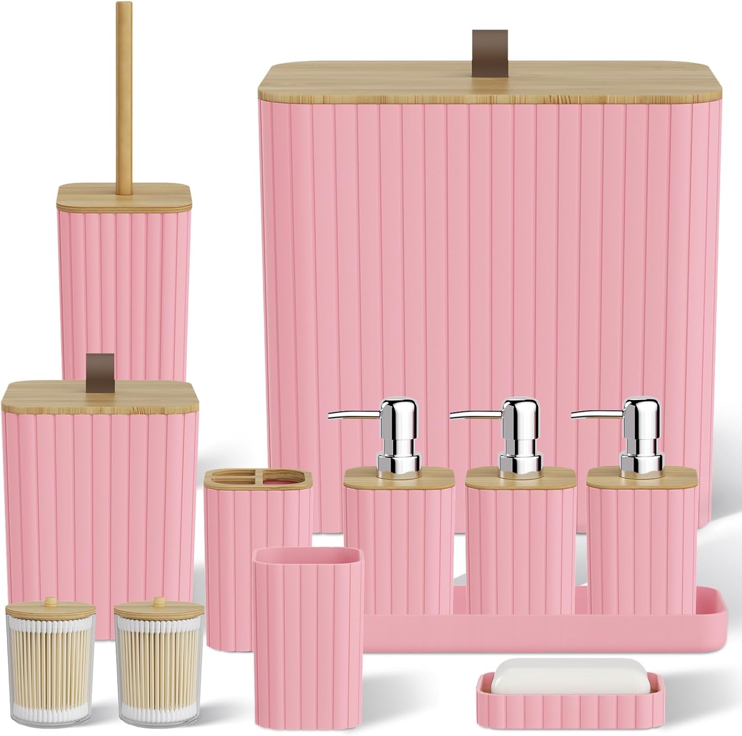 Bathroom Accessory Set - Pink Bathroom Set, 12PC Bathroom Accessories Set, Pink Bathroom Accessories Set, Mini Trash Can, Toilet Brush, Trash Can & Soap Dispenser