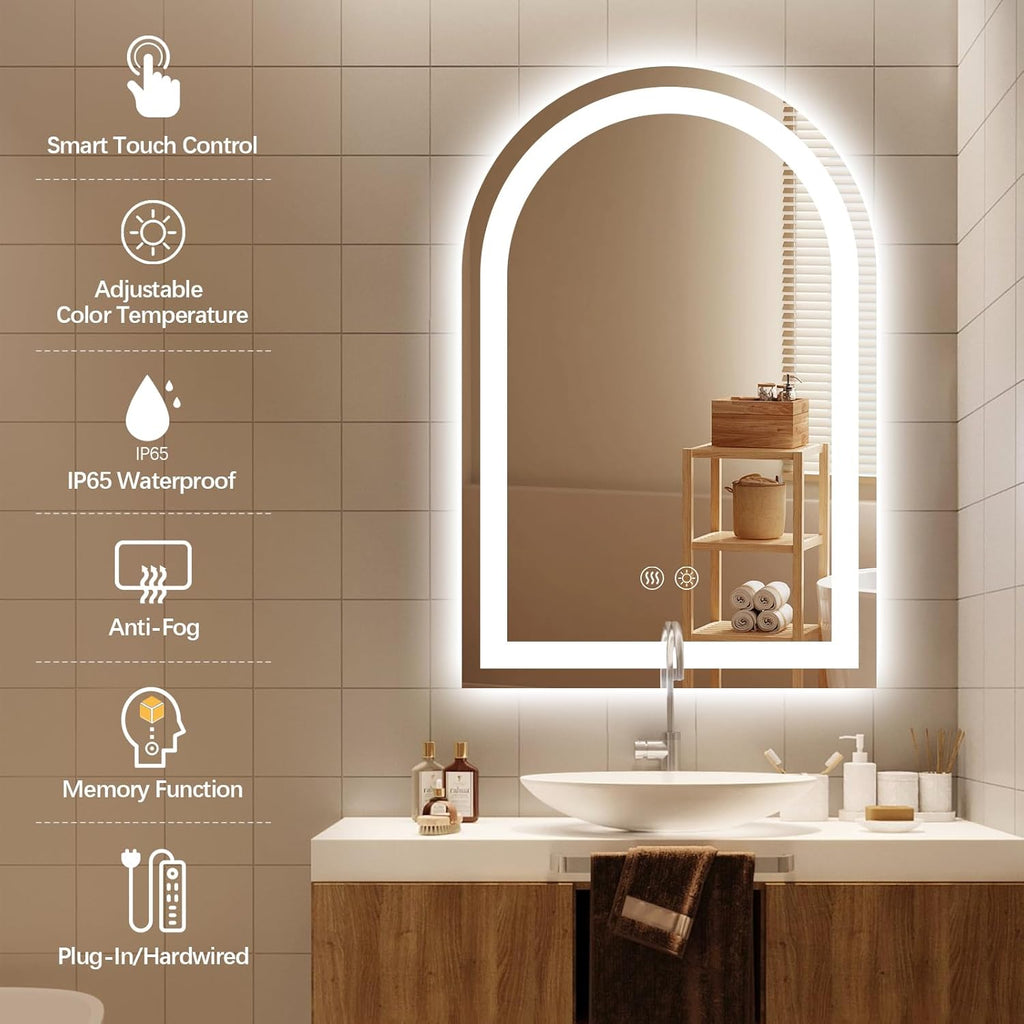 Niccy Arched LED Bathroom Mirror, 39x26 Arch Wall Mounted Frameless Bathroom Mirror for Vanity, Smart Lighted Frontlit Mirrors with Memory Function for Bathroom Bedroom Beauty Hair Salon