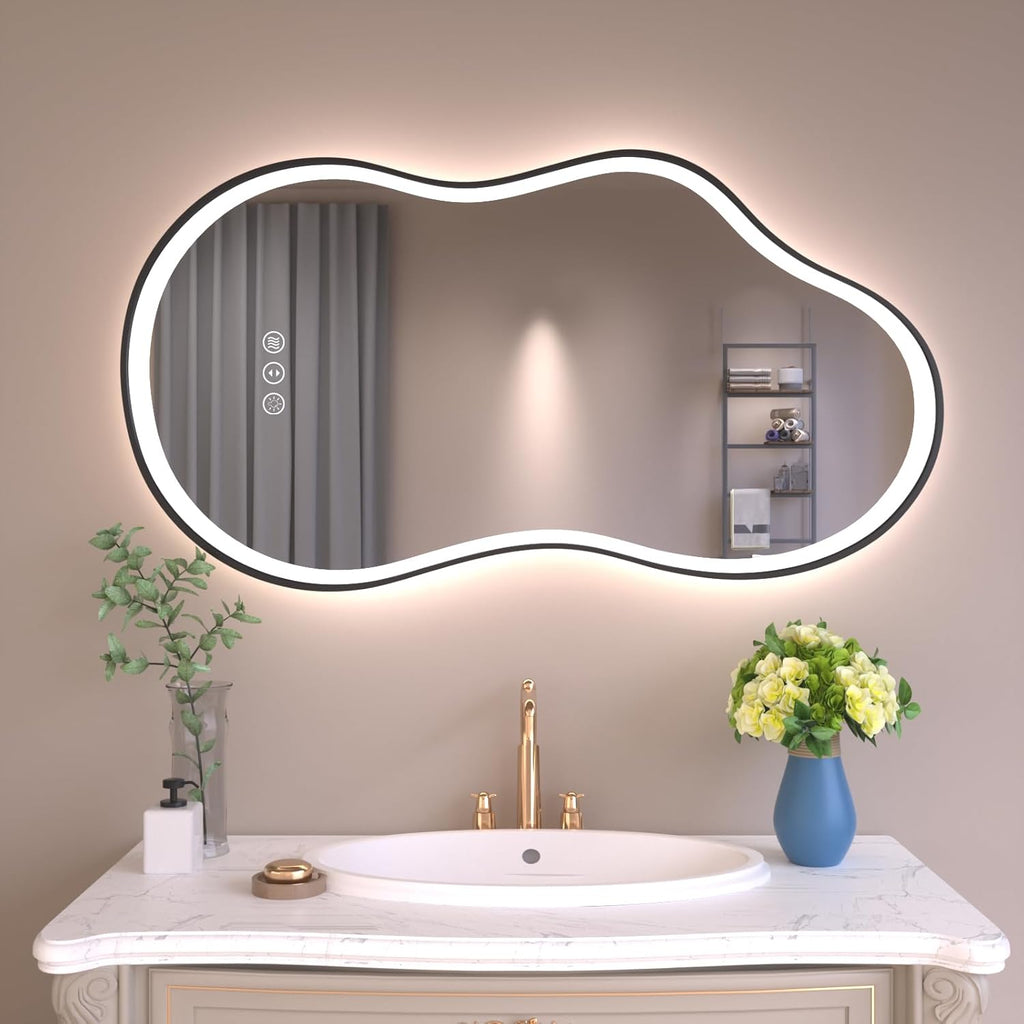 WTTY LED Irregular Bathroom Mirror 26x46 Inch with Front & Back Lights - Asymmetrical Design, Anti-Fog, Dimmable 3 Color Temperatures, Shatterproof Glass, Horizontal or Vertical Mount (Black Frame)