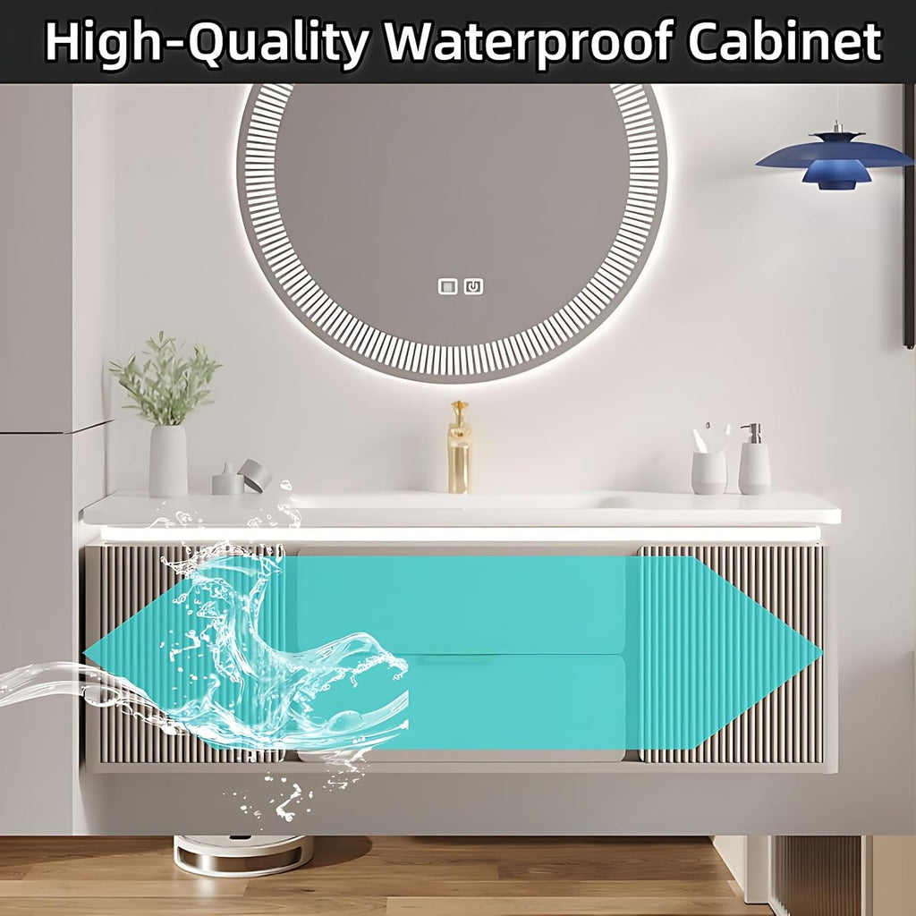 Modern Bathroom Vanity with Sink - Wall Mounted Vanity Cabinet with High-Definition Smart Storage Mirror, Time Display & LED Lights, Defogging | Bathroom Sink Cabinet (Mirror Cabinet, 52in)
