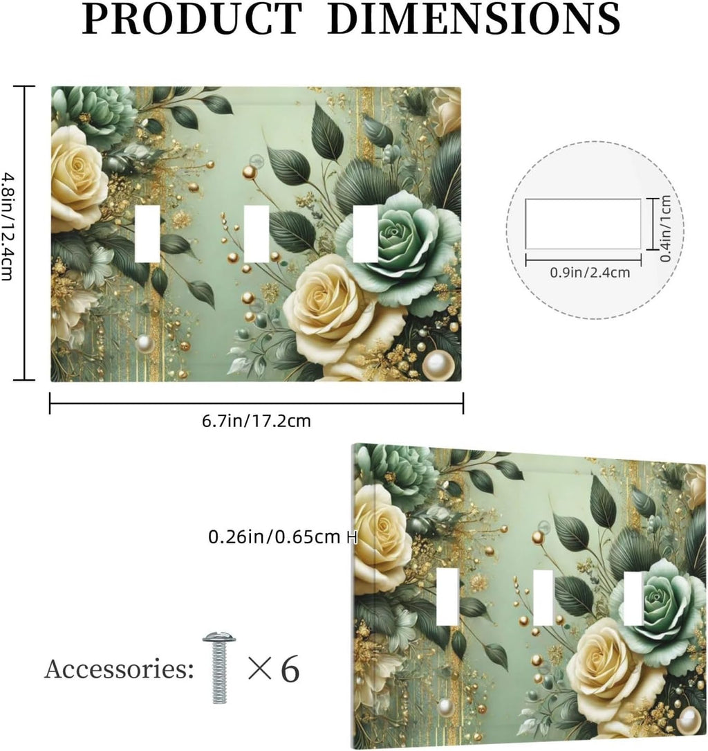 Decorative Light Switch Cover Plate Rustic Green Floral Leaves Teal Flowers Gold Stripe 3 Gang Wall Plate Oversized Triple Toggle Switch Cover Plate Jumbo Faceplate