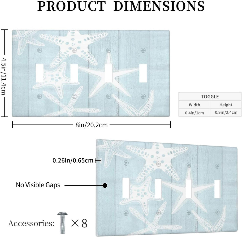 Beach Starfish Vintage Wood Rustic Country Ocean Light Switch Covers Quad Toggle Electrical Faceplate 4 Gang Wall Plate Decorative Switch Plates Cover for Farmhouse Kids Room Decor