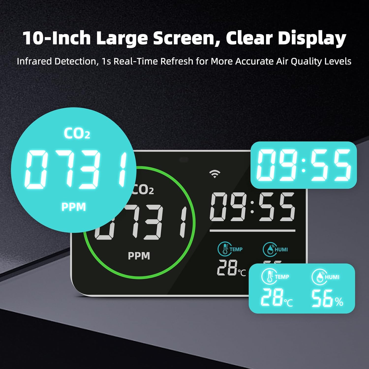 Greenhouse CO2 Monitor – 4-in-1 Digital CO2 Detector with Temperature, Humidity & Clock, High Accuracy NDIR Sensor, USB Type-C Indoor CO₂ Meter for Plant Grow Rooms, Hydroponics & Home Use