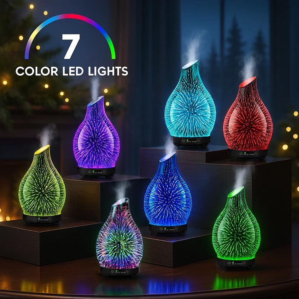 Essential Oil Diffuser & Essential Oils Set, Glass Aromatherapy Diffuser with 7 Color LED Lights and Auto-Shut Off, Cool Mist Diffuser for Home with 6 Essential Oils