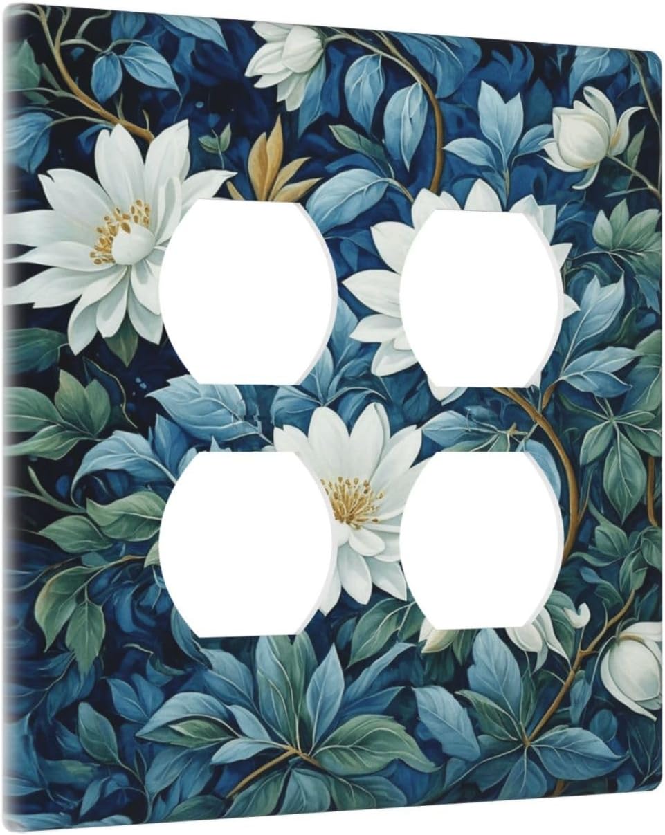 Decorative Outlet Covers Rustic White Floral Flowers Green Blue Leaves 2 Gang Wall Plate Double Duplex Light Switch Cover Switch Plate Covers Faceplate for Bedroom Home Decor