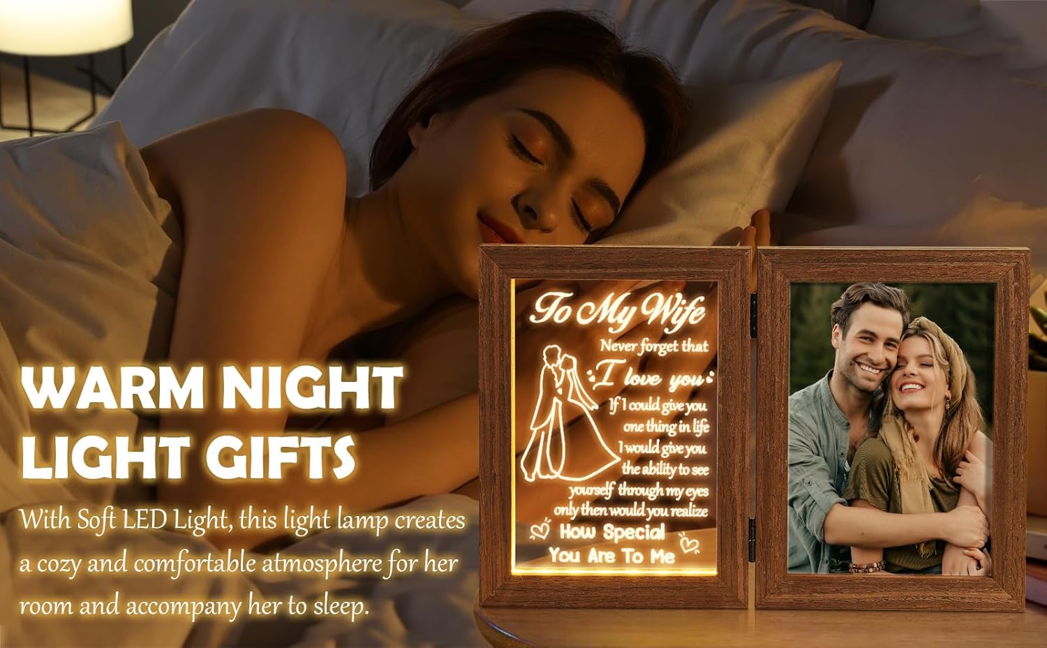 Christmas Gifts for Wife from Husband - Wife Gifts Picture Frame 5x7 with Night Light, Wedding Anniversary Birthday Gift for Women Wifey Ideas Valentines Day I Love You Gift for Her Romantic to Wifey