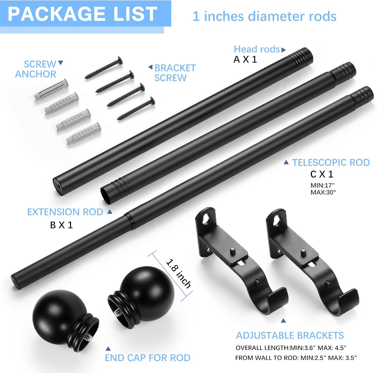 Curtain Rods for Windows 16 to 48 Inches, Curtain Rod Max Adjustable Length of 60 IN, 1" Diameter Drapery Rods Round Finials, Black, Pack of 1