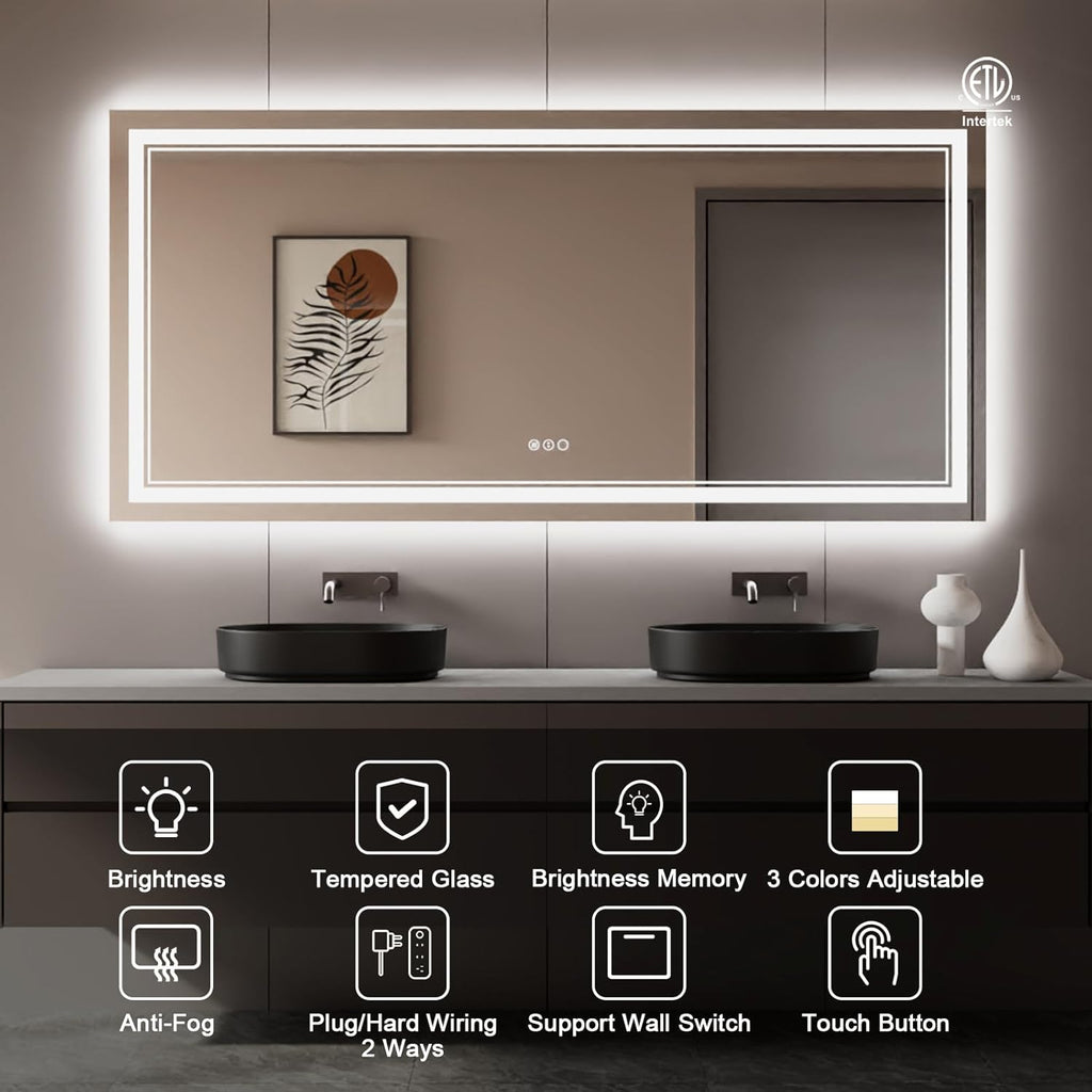 84x40 Inch LED Bathroom Mirror with Lights, Backlit and Front Lighted Bathroom Mirrors for Wall, Anti-Fog Dimmable Memory Shatterproof LED Vanity Mirror for Bathroom