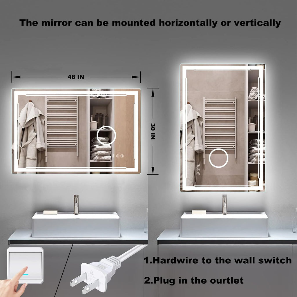 30''X48'' LED Bathroom Mirror with Lights, Built-in Bluetooth Speaker and 3X Magnifier, Anti-Fog Dimmable Backlit + Front Lit, Lighted Vanity Makeup Wall Mirrors, Shatter-Proof IP65 Waterproof