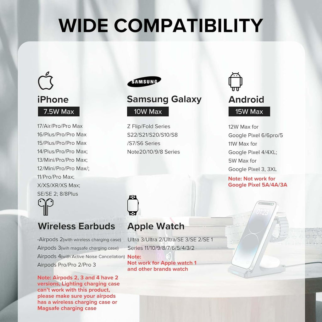 Wireless Charging Station, 3 in 1 Fast Wireless Charger Stand for Multiple Devices Apple Watch Ultra Series 11 10 9 8 7 6 SE 5 4 3 2, iPhone 17 16 15 14 13 12 11 Pro Max/Plus/Air/X/XS/XR, Airpods Pro