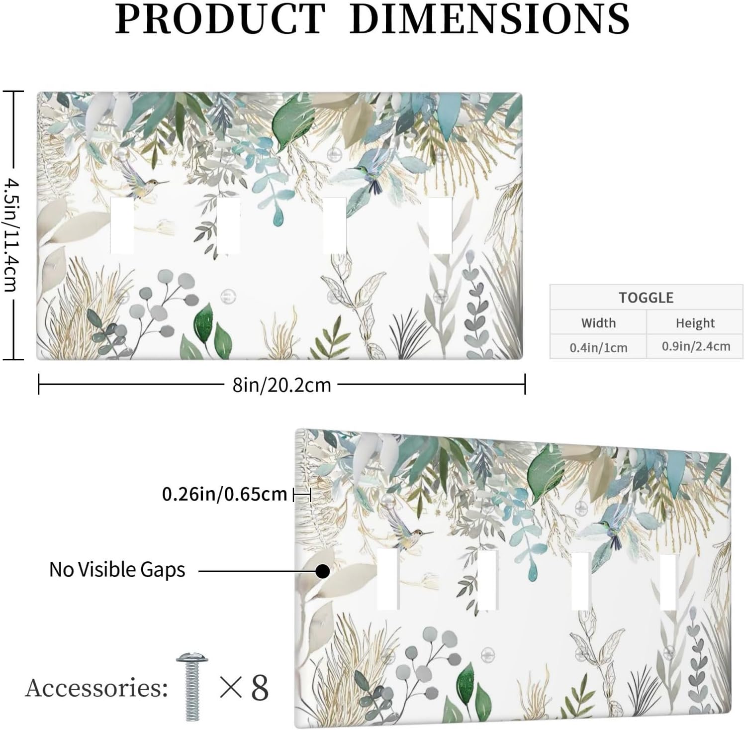 Green Tropical Palm Leaves Flower Plants Hummingbird Light Switch Covers Quad Toggle Electrical Faceplate 4 Gang Wall Plate Decorative Switch Plates for Bed Room Living Room Decor